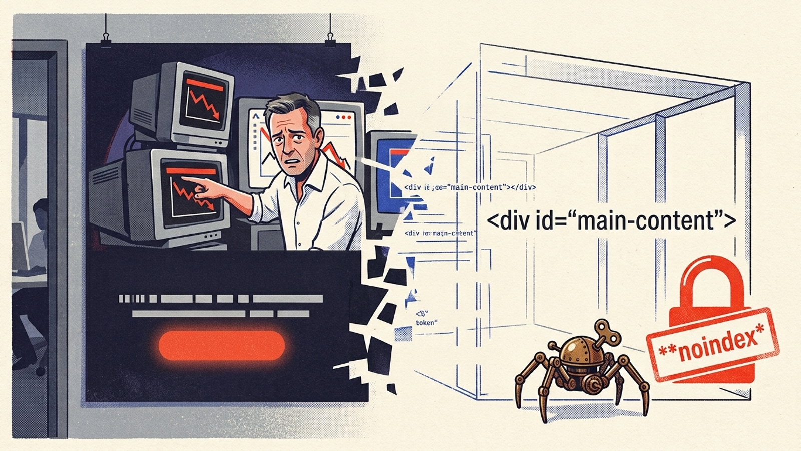 Illustration of a landing page fading into empty code beside a blocked crawler.