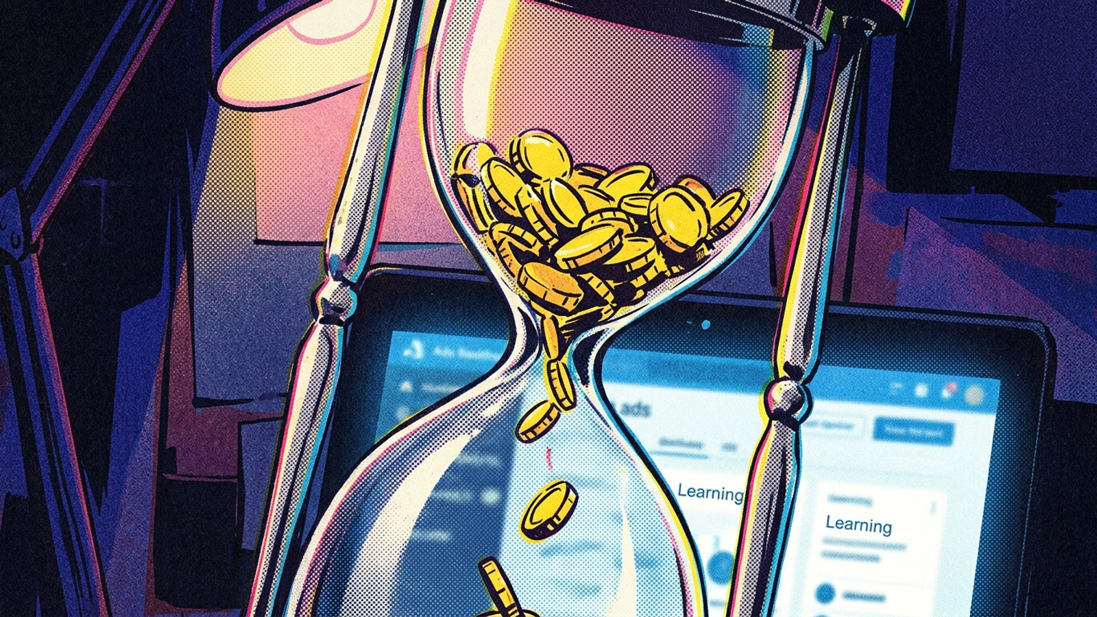 Hourglass filled with coins instead of sand above a Google Ads dashboard