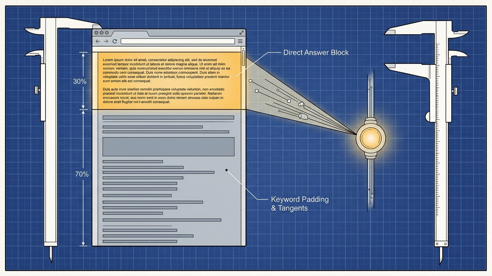 A diagram shows an AI retrieval engine extracting answers from the top portion of a page while passing over padding below.