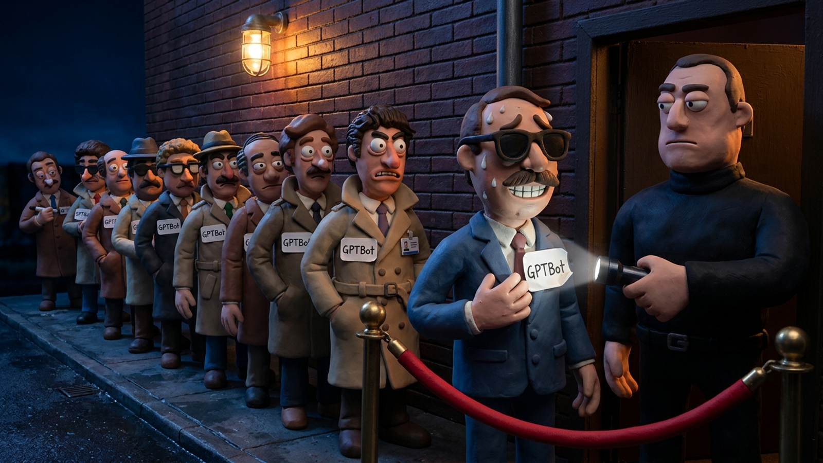 Clay bouncer shines a torch on a disguised figure wearing a scrawled 'GPTBot' name sticker, while a long queue of identical impostors waits behind.