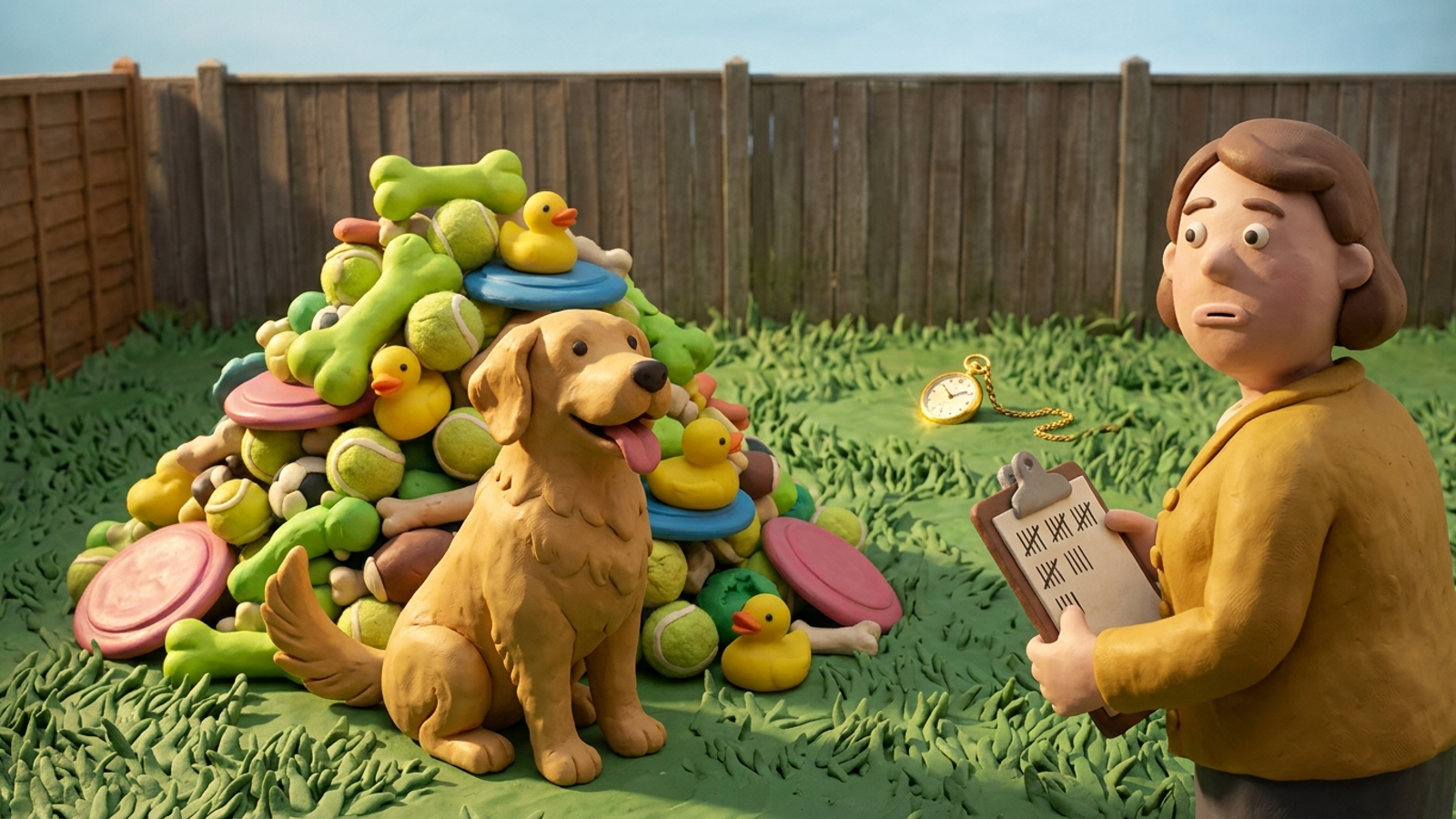 A clay retriever proudly sits by a pile of cheap fetched toys while its owner eyes the one gold watch it ignored: rewarded per fetch, it chased quantity.