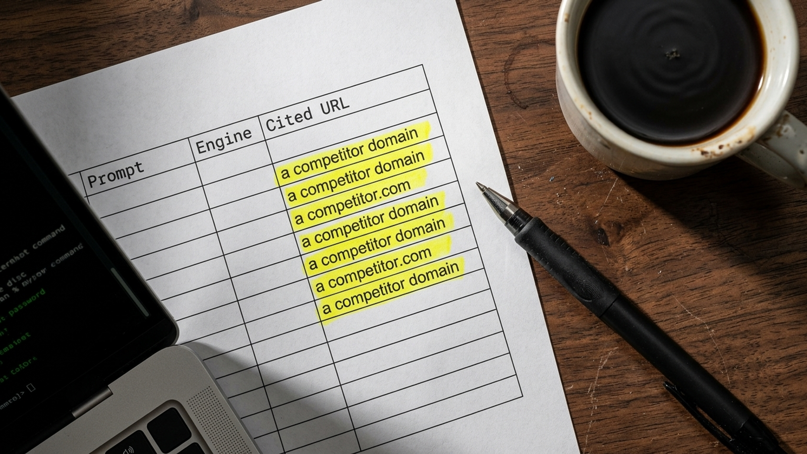 A printed spreadsheet with search prompts and domain names highlighted.