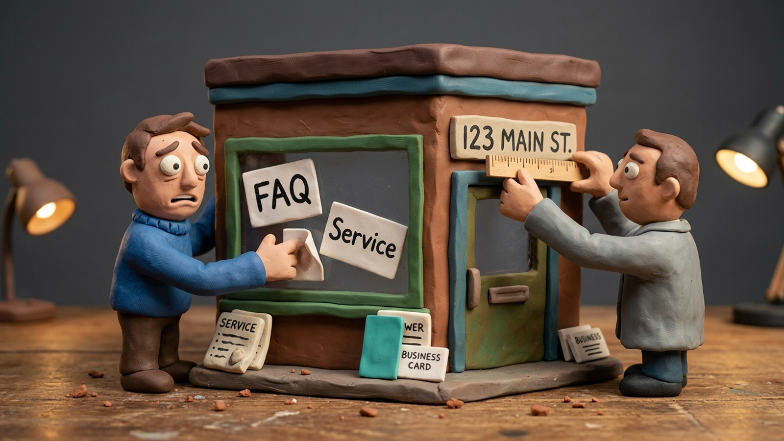 Clay figure adding tiny answer cards to a shopfront while another measures the address sign
