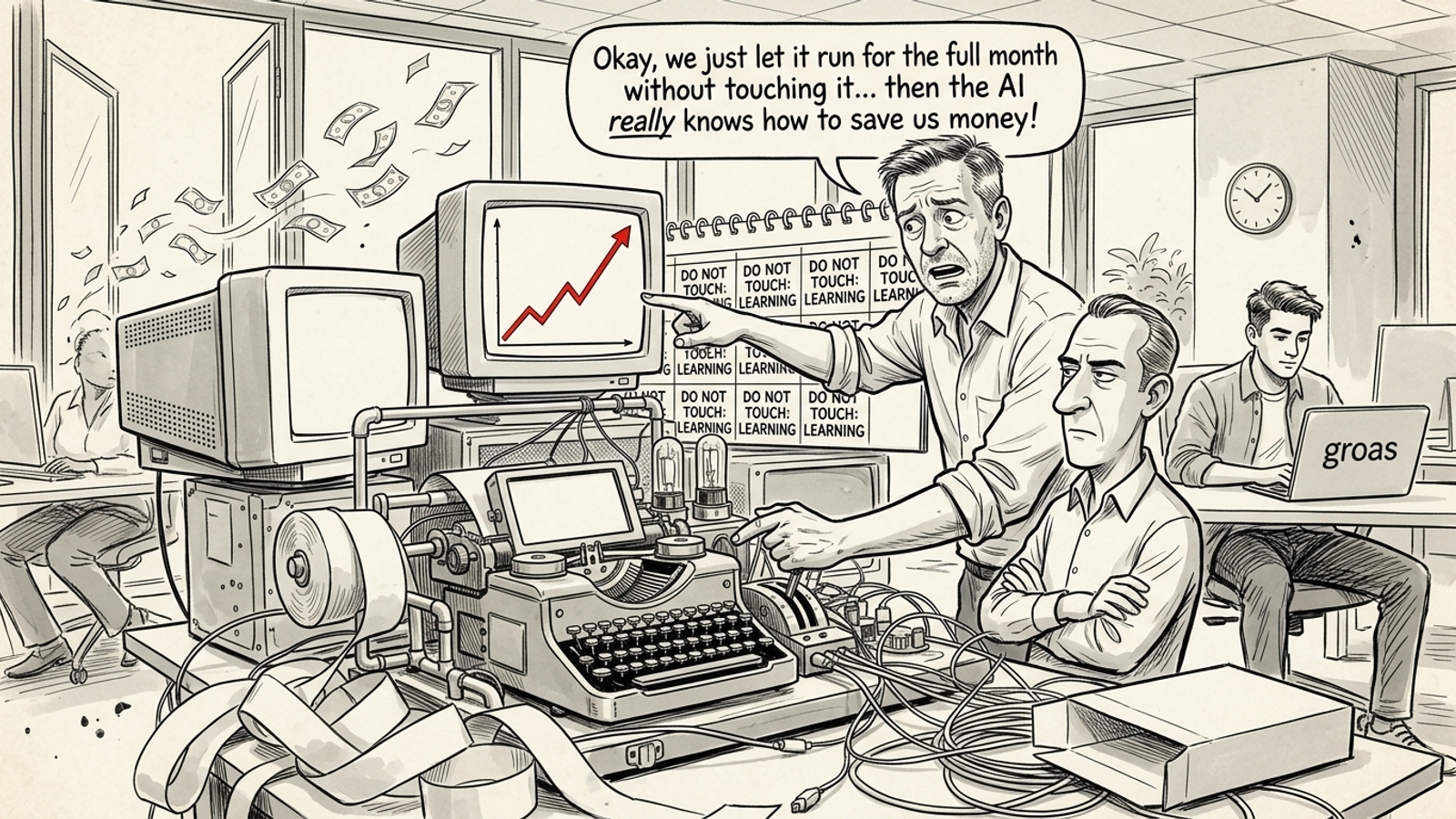 An agency manager points at a wall calendar while ad spend flies out an office window.