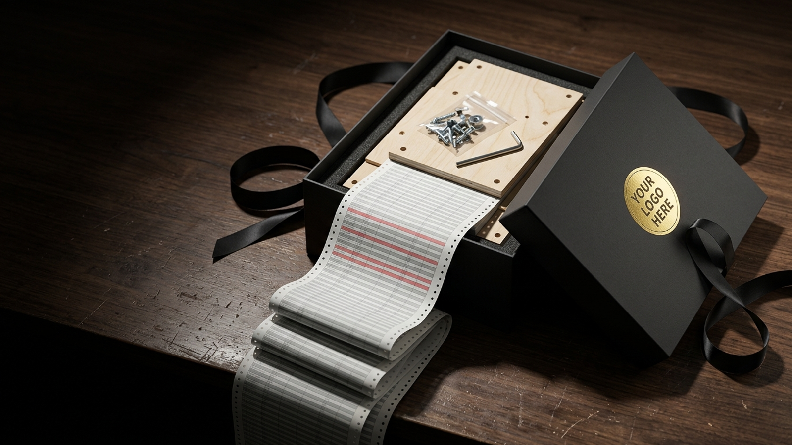 A luxury gift box with a 'YOUR LOGO HERE' sticker opens to reveal flat-pack parts and a spilling printout: white-label that leaves the work to you.