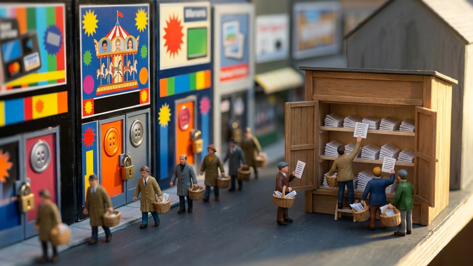 Tiny model foragers ignore flashy padlocked storefronts and gather paper paragraphs from a plain open shop, showing AI answers pick passages, not pitches.