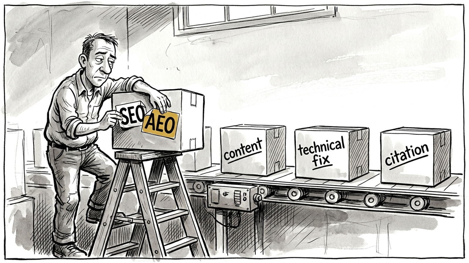 Ink cartoon of agency owner relabeling SEO boxes as AEO while content still ships