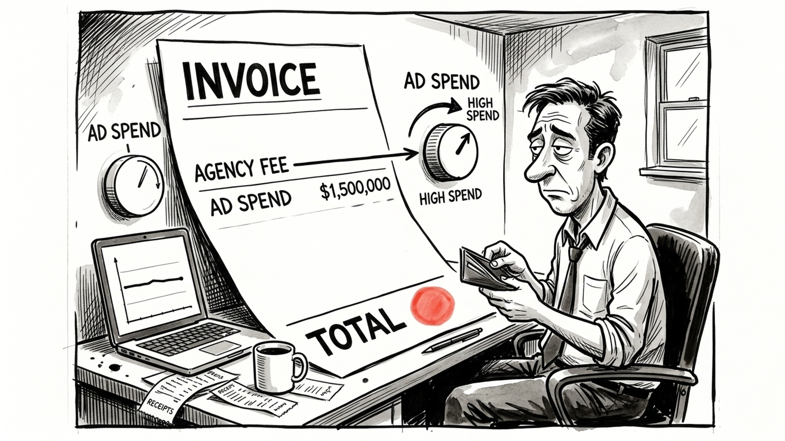 Cartoon invoice where the fee grows as the ad-spend dial turns up
