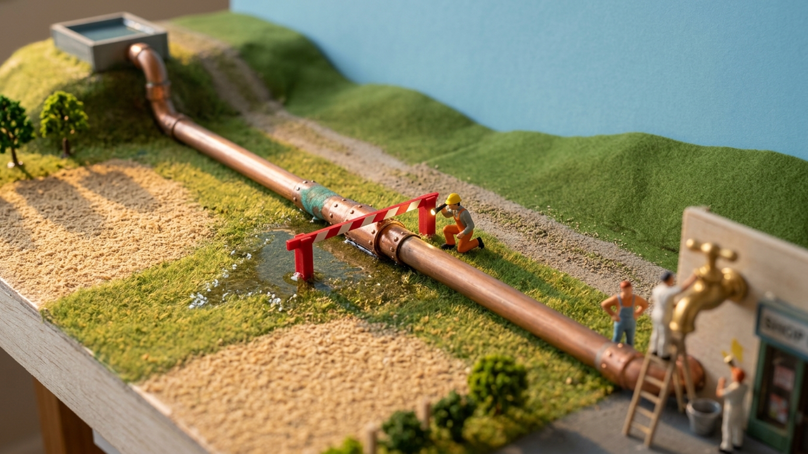 Tiny model workers polish a golden faucet while, far up the pipeline, an inspector with a flashlight finds the red gate blocking all the water.