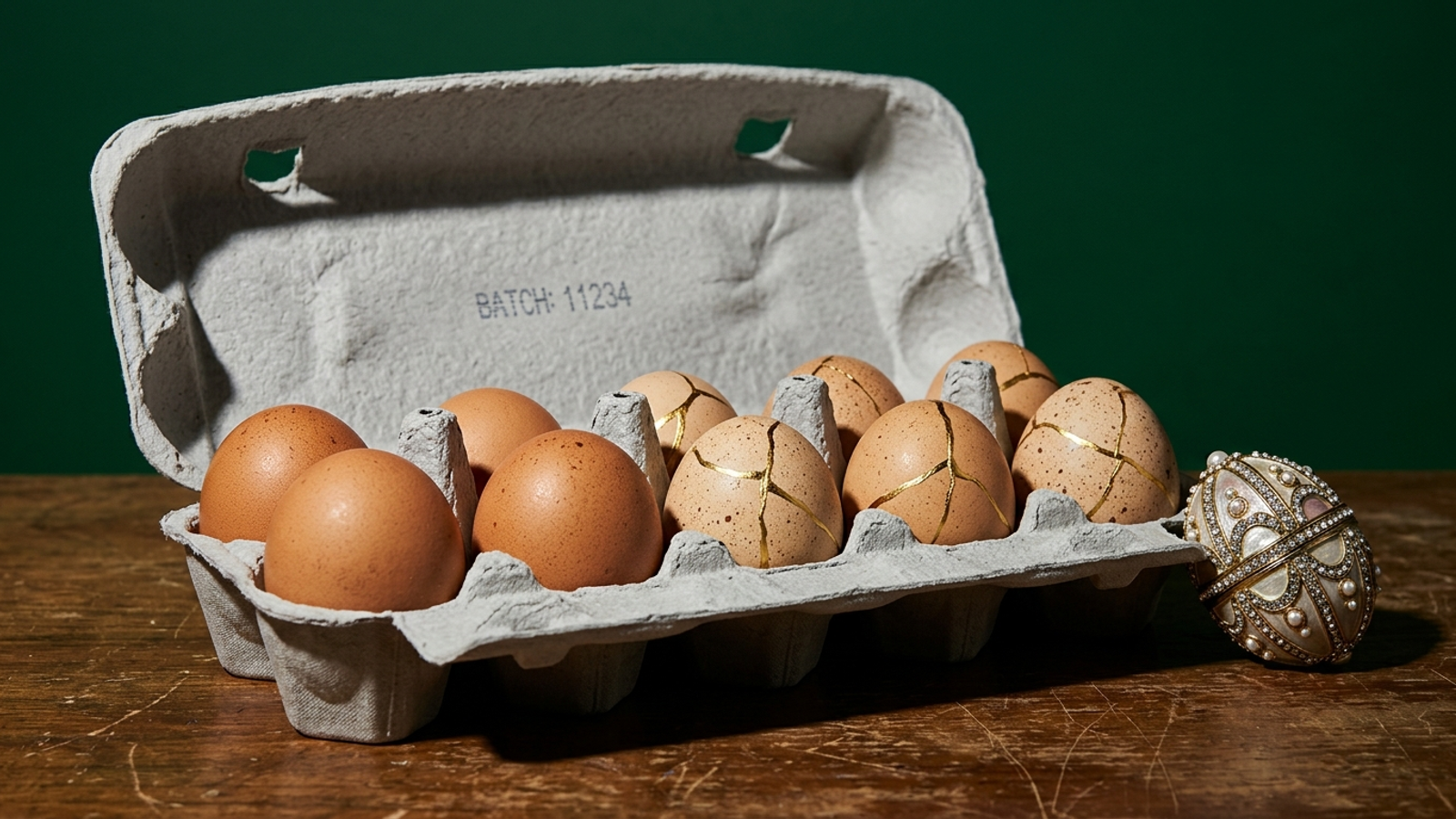 A ten-egg carton with four new eggs and six gold-mended cracked ones, while a flashy jewelled egg sits outside with no slot left for it.