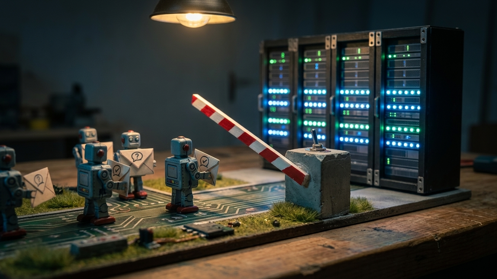 Miniature server rack behind a security barrier that blocks incoming robotic mail carriers.