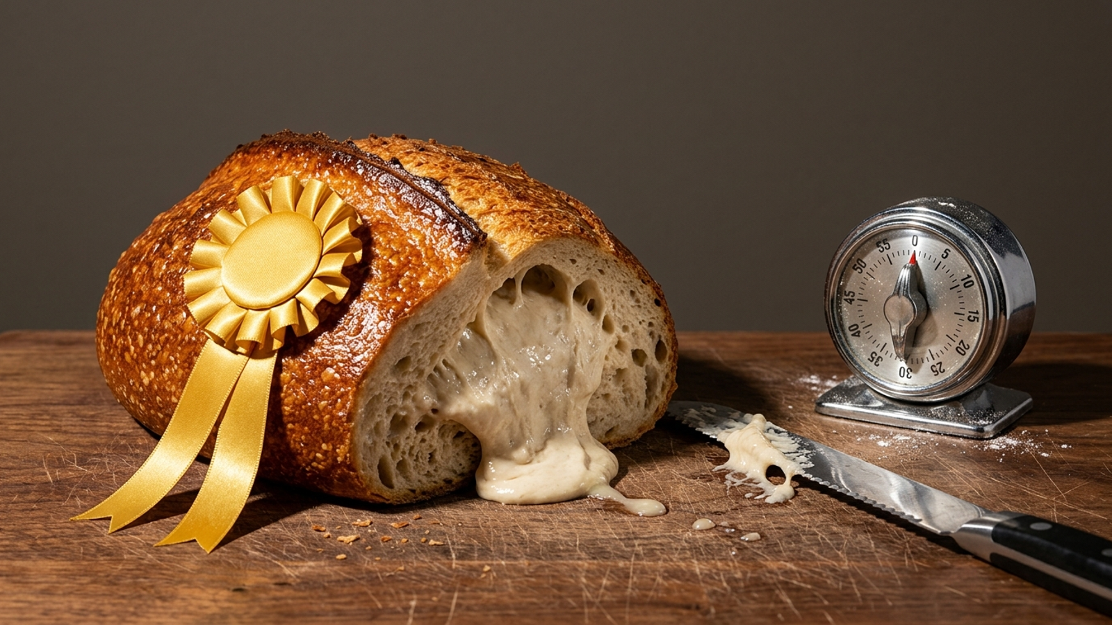 A perfect golden loaf with a gold prize rosette is cut open to reveal raw dough, beside a timer that has rung: it looks done but isn't ready.