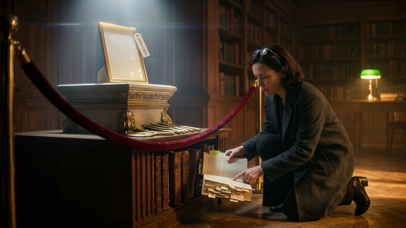 In a library, a buyer ignores a spotlit, roped-off "SPONSORED" display and pulls the annotated source book from the shelf beneath it.