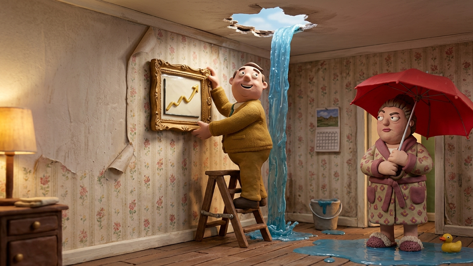 Clay figure proudly hangs a gilded chart while the roof caves in behind him and an unimpressed client stands in the flood under an umbrella.