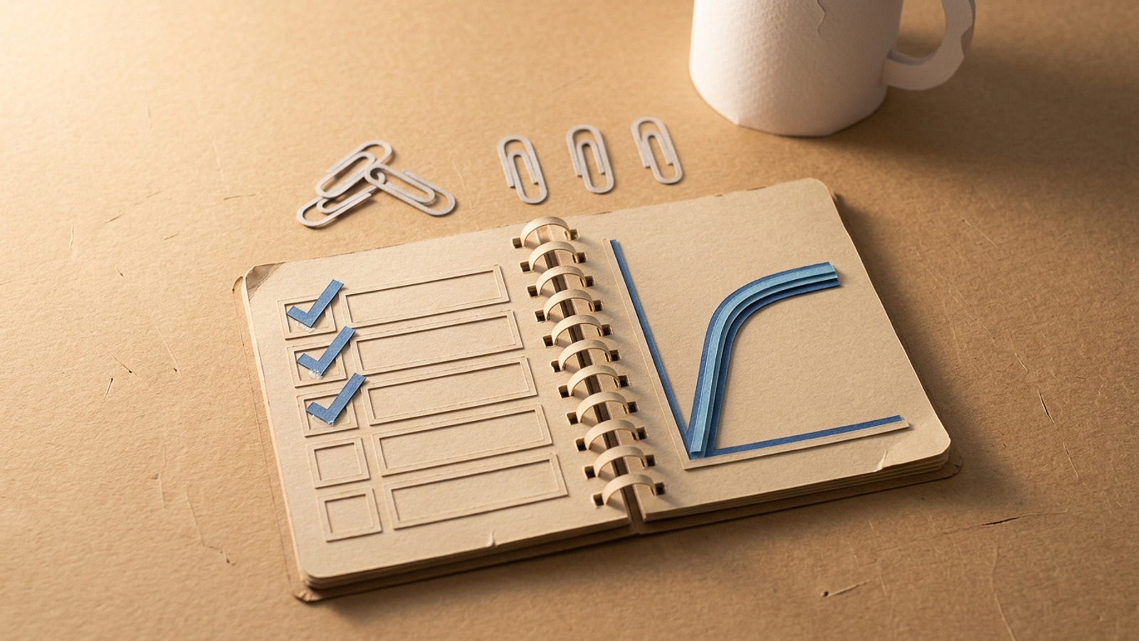 Paper budget ledger with five paper clips beside a coffee mug