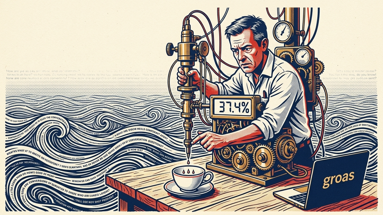 Editorial illustration of a brass gauge measuring one teacup while an ocean of conversational queries stretches behind it.