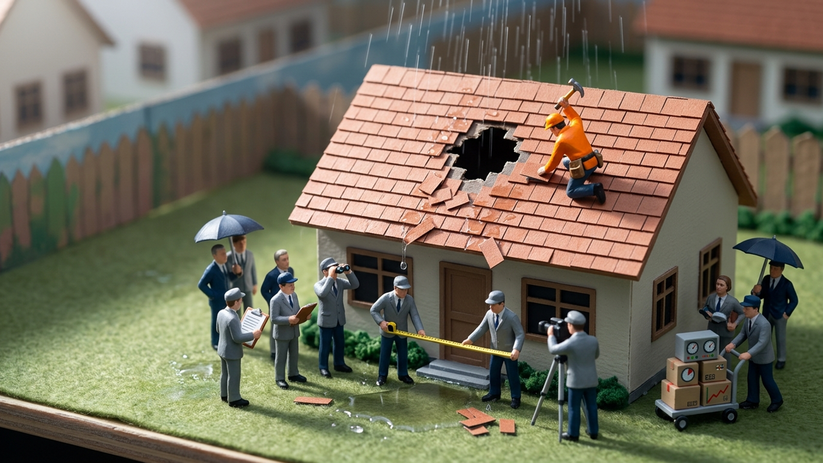 Tiny model house with a hole in its roof: a crowd of figurines measure and photograph the leak while one roofer in orange actually patches it.