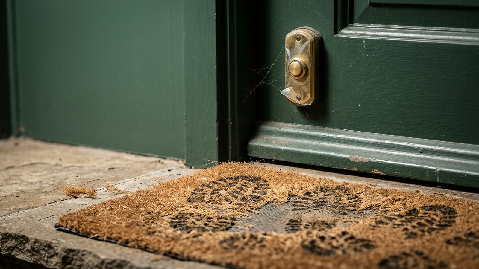 A doormat worn bare by countless muddy footprints beside a doorbell still in its factory plastic, never pressed: many visits, no real callers.