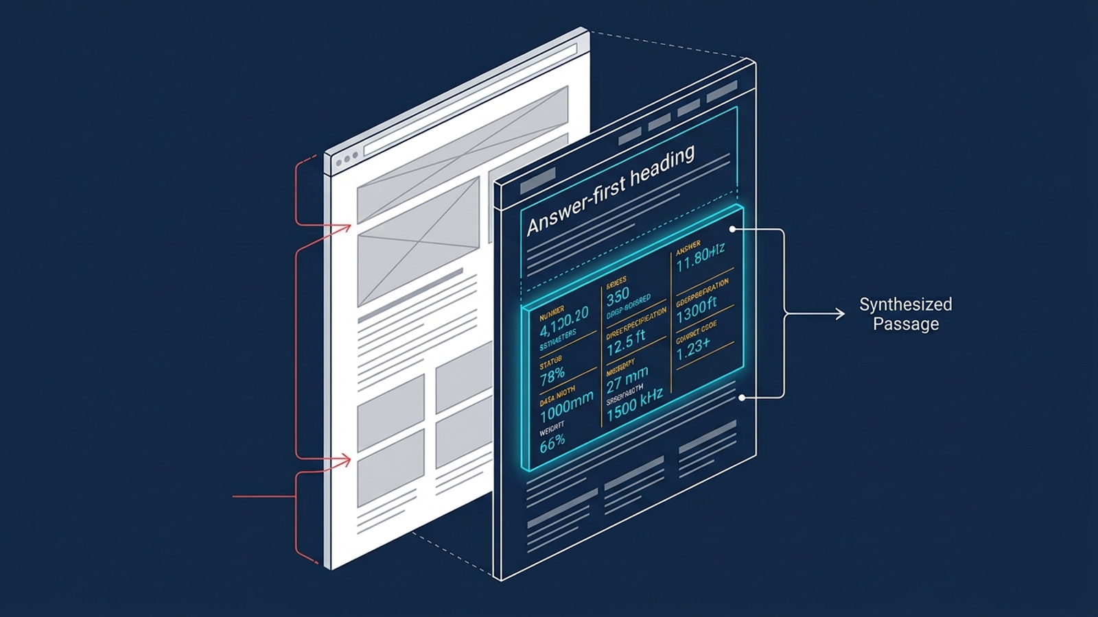 Cutaway diagram of an AI search system pulling facts from a clear answer block amid vague web copy.