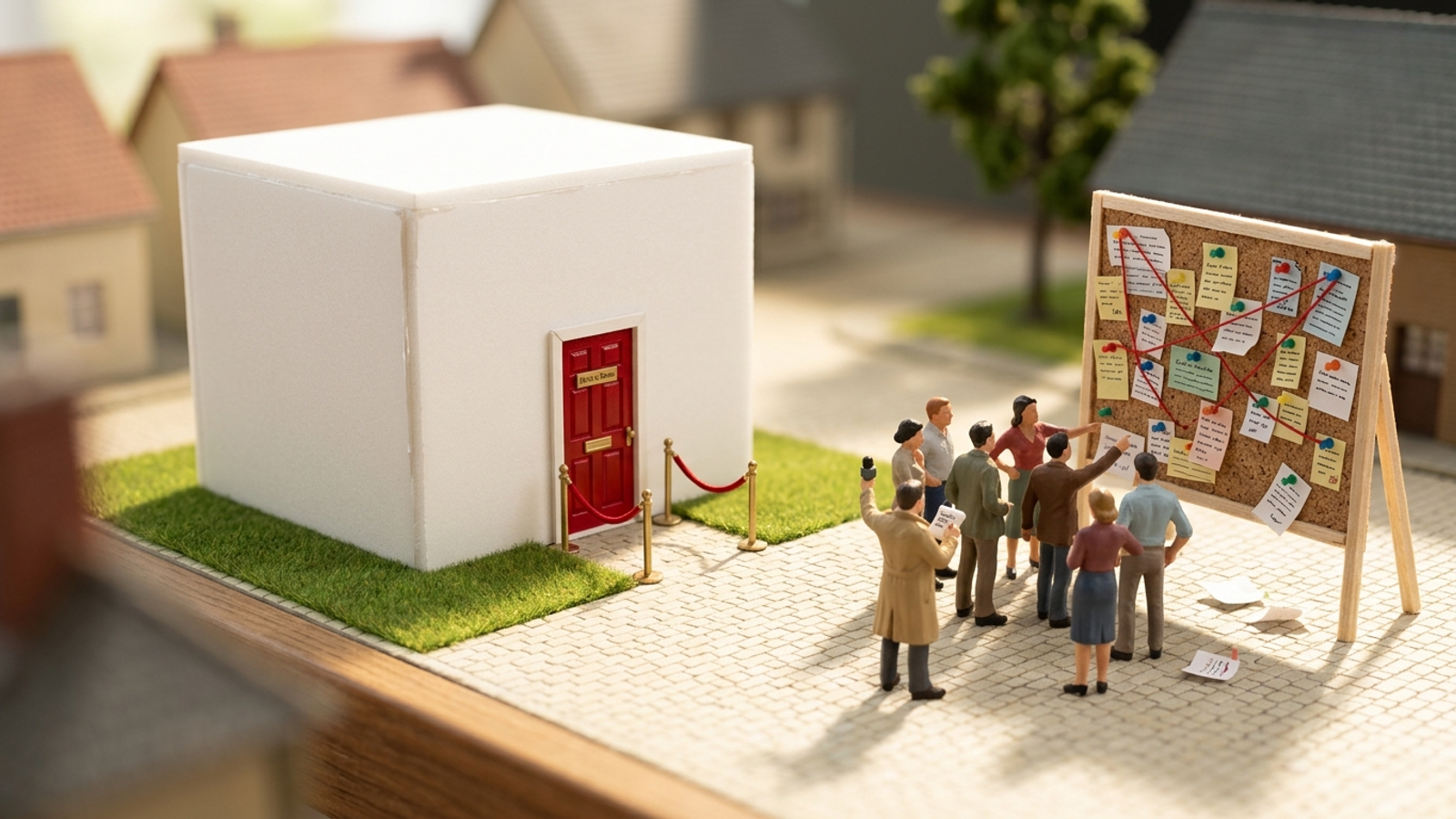 Tiny model town: a reporter takes notes from a messy notice board while a sleek, windowless pavilion with only a 'Book a Demo' door stands ignored.