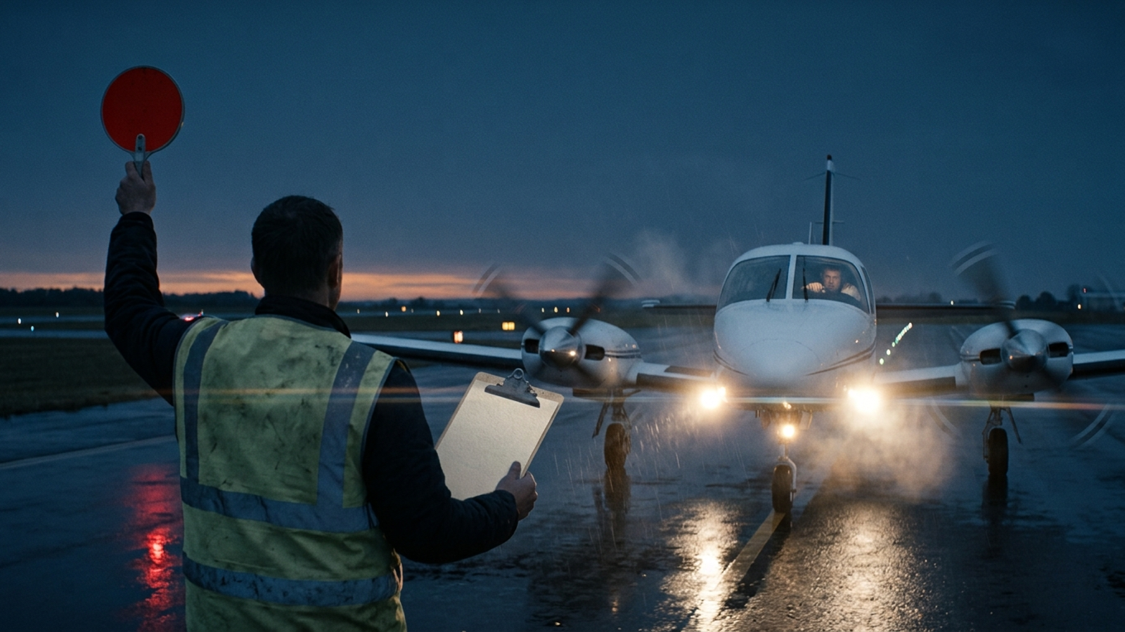 A ground marshal raises a red stop paddle and a checklist with three unchecked items in front of a plane revving to take off at dawn.