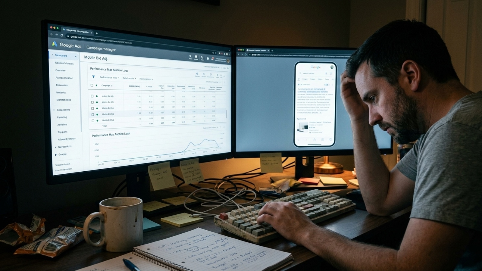 A marketer’s workstation showing Google Ads controls beside an AI Overview search result.
