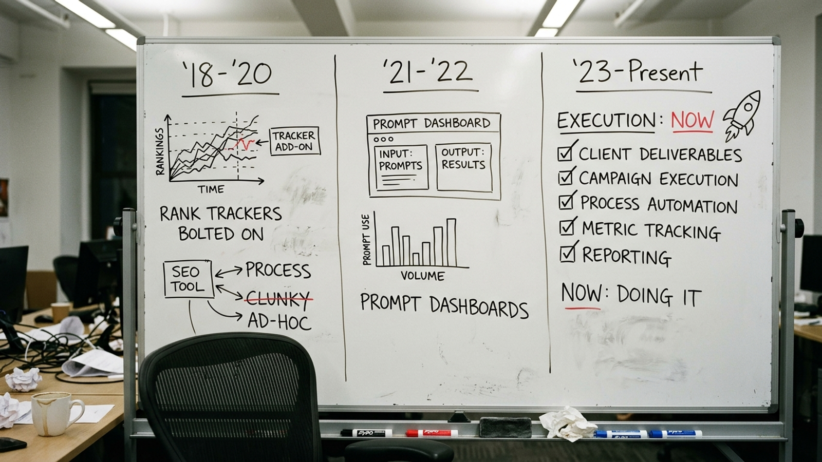 Whiteboard timeline from AI search tracking charts to published fixes