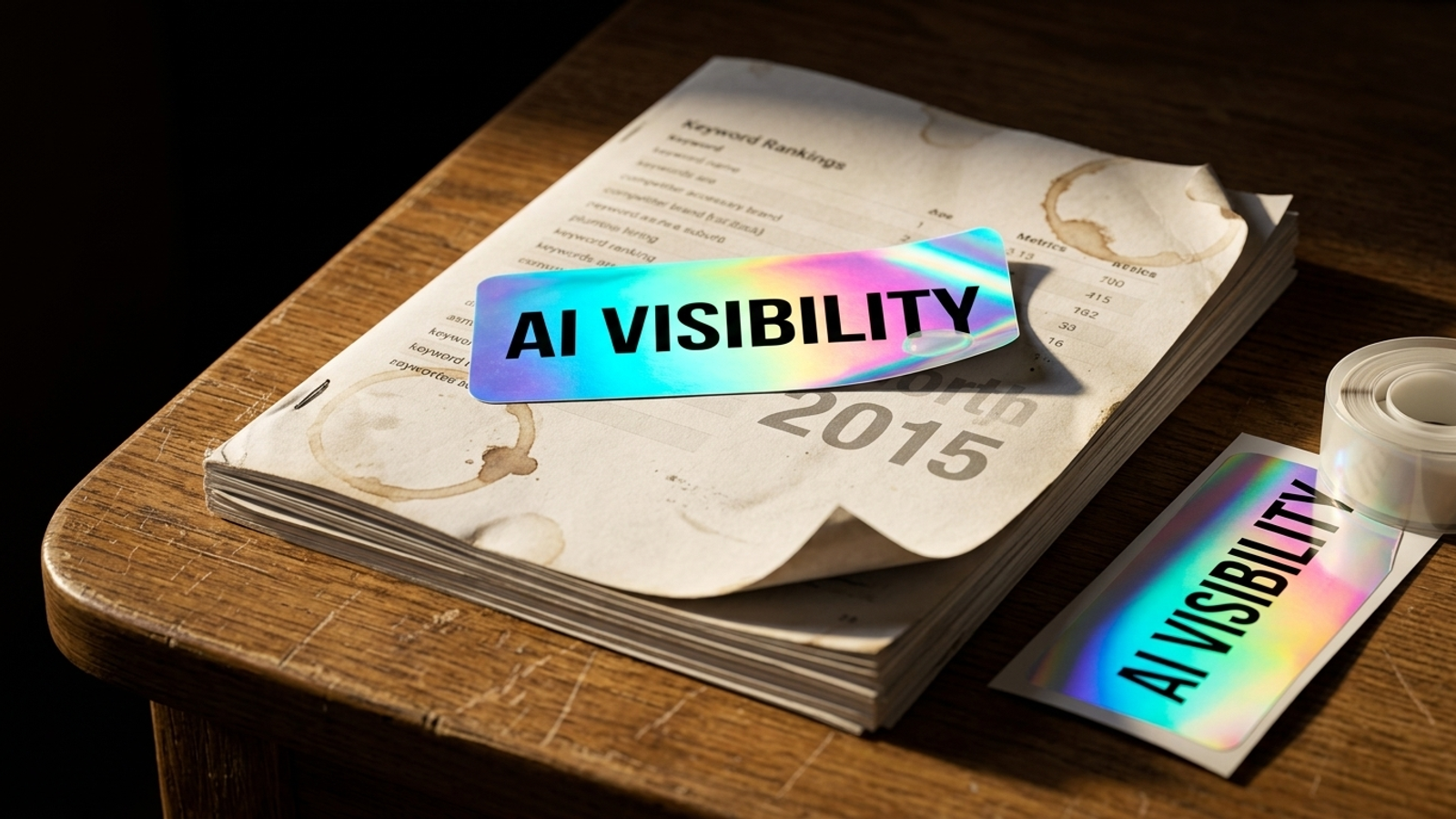 A yellowed 2015 SEO rankings report with a shiny crooked "AI VISIBILITY" sticker slapped on its cover, the old year still peeking out underneath.