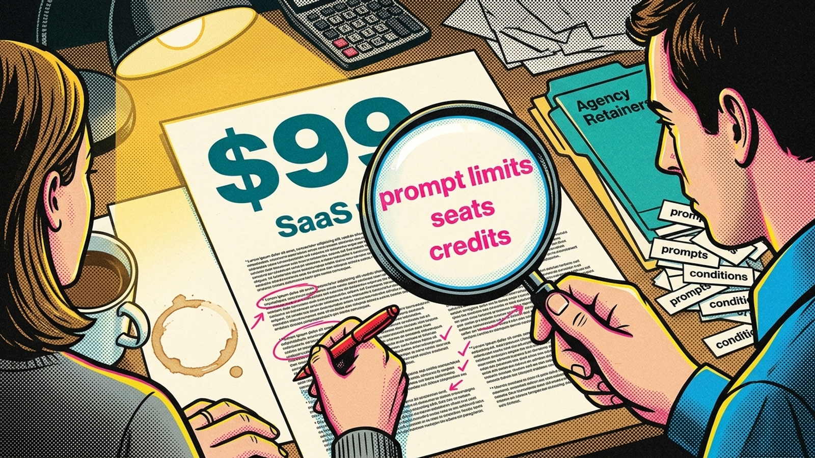 Magnifying glass over the caps in a pricing page’s small print
