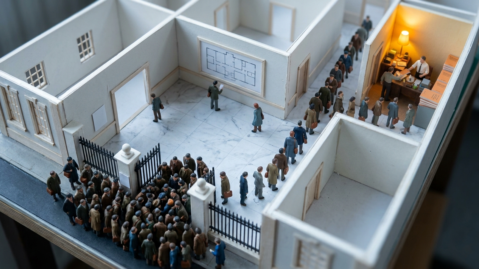 A model building where a huge crowd mobs the front gate reading a notice, while a small queue walks past an empty hall to one lit room handing out a booklet.