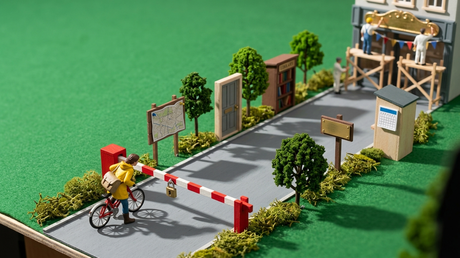 Tiny courier stopped at a locked first gate on a model road, while far away workers gild a shop sign nobody can reach—polish is useless without access.