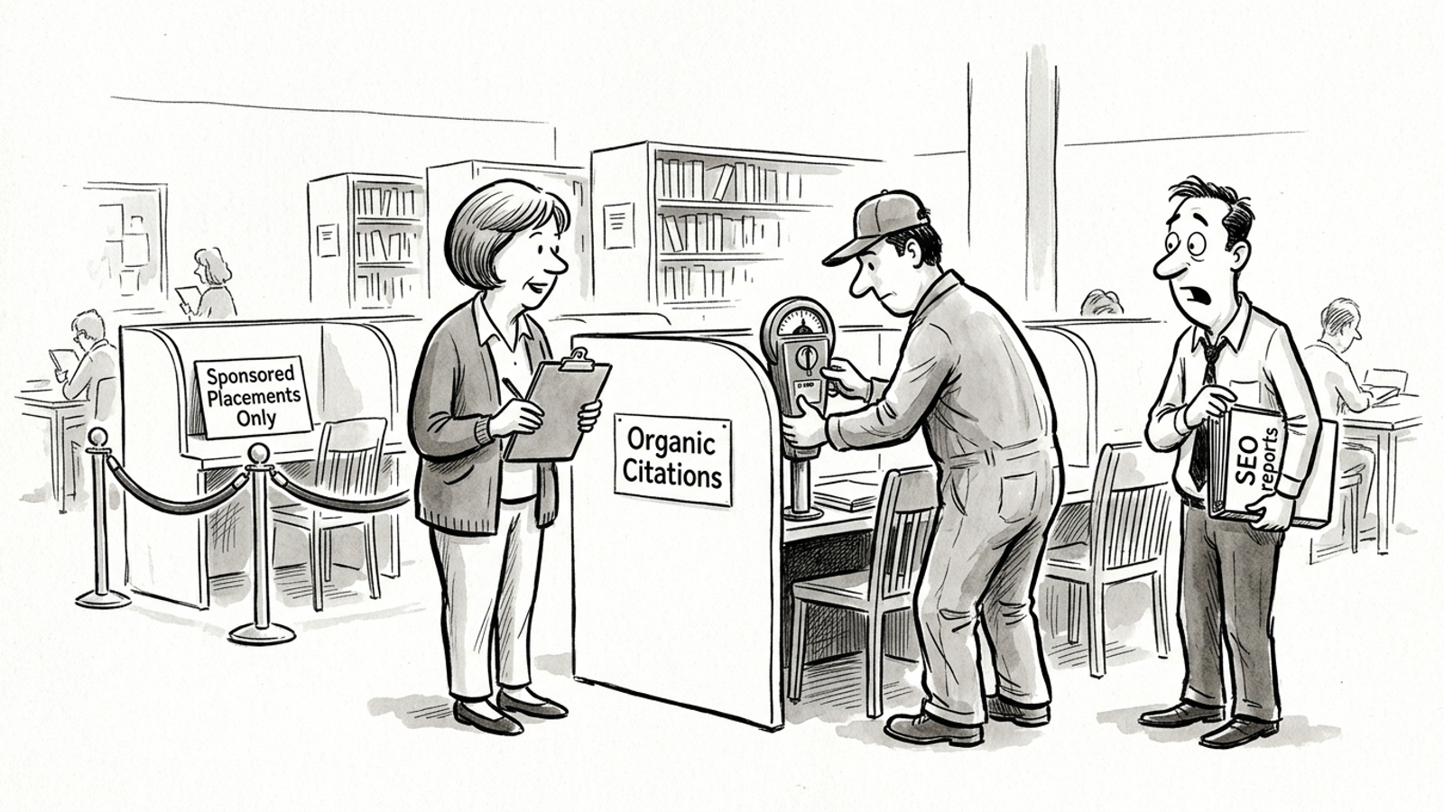 Cartoon of a business owner entering an auction room as free library carrels acquire coin slots.