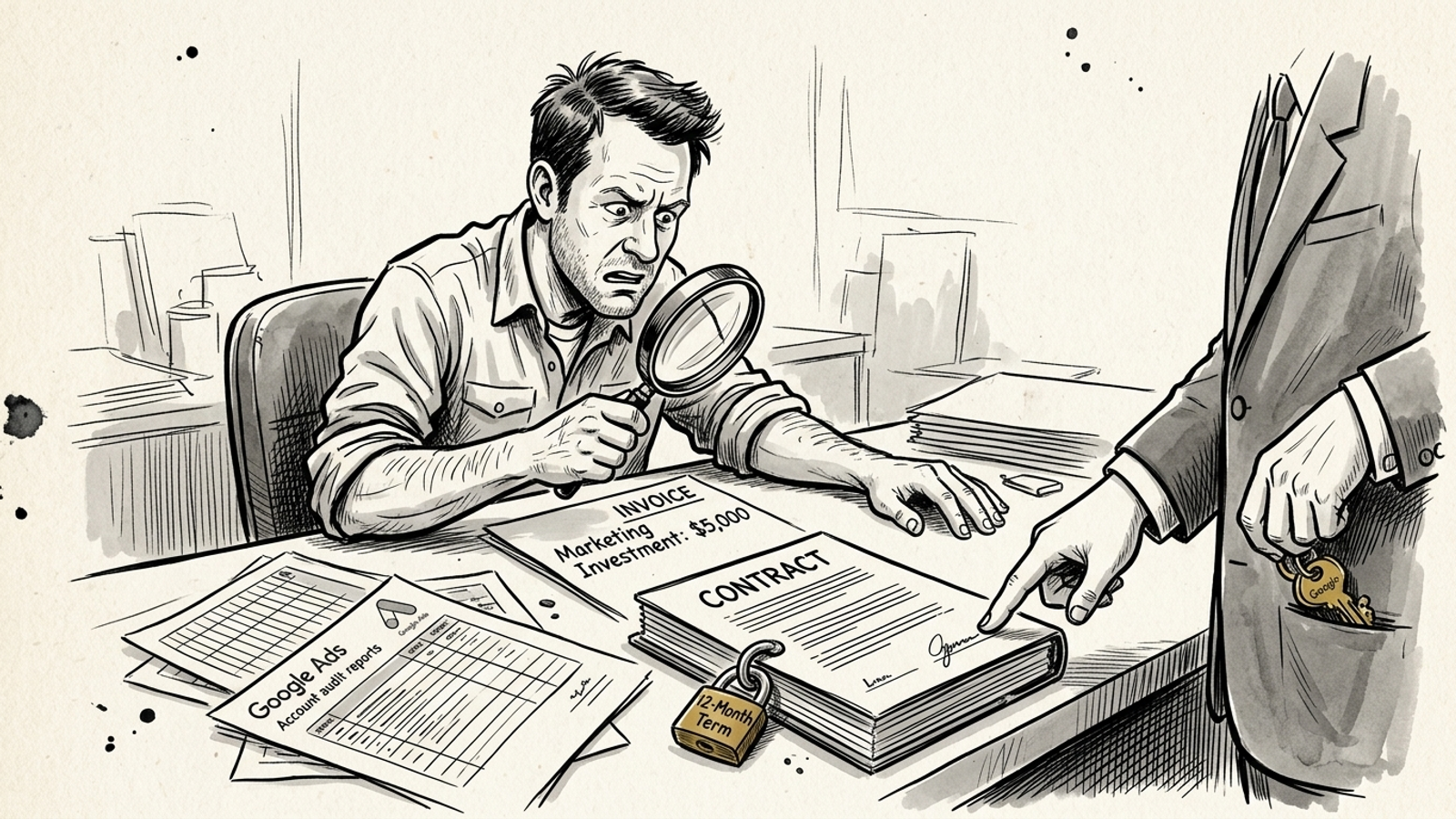 Cartoon of a business owner examining an advertising bill while an agency representative presents a contract.