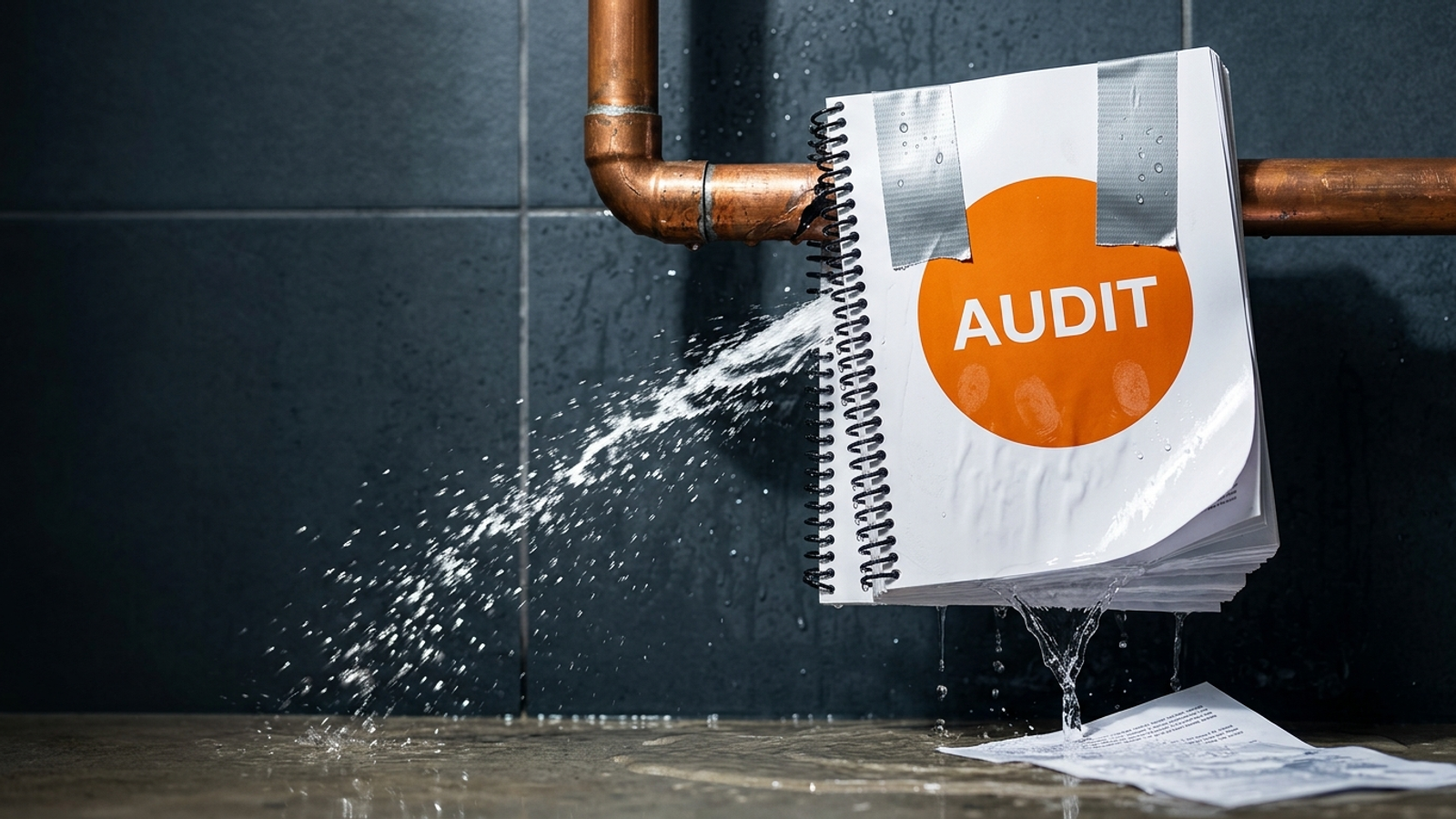 A glossy bound audit report duct-taped around a burst copper pipe as a patch, soaked and failing while water keeps spraying out.