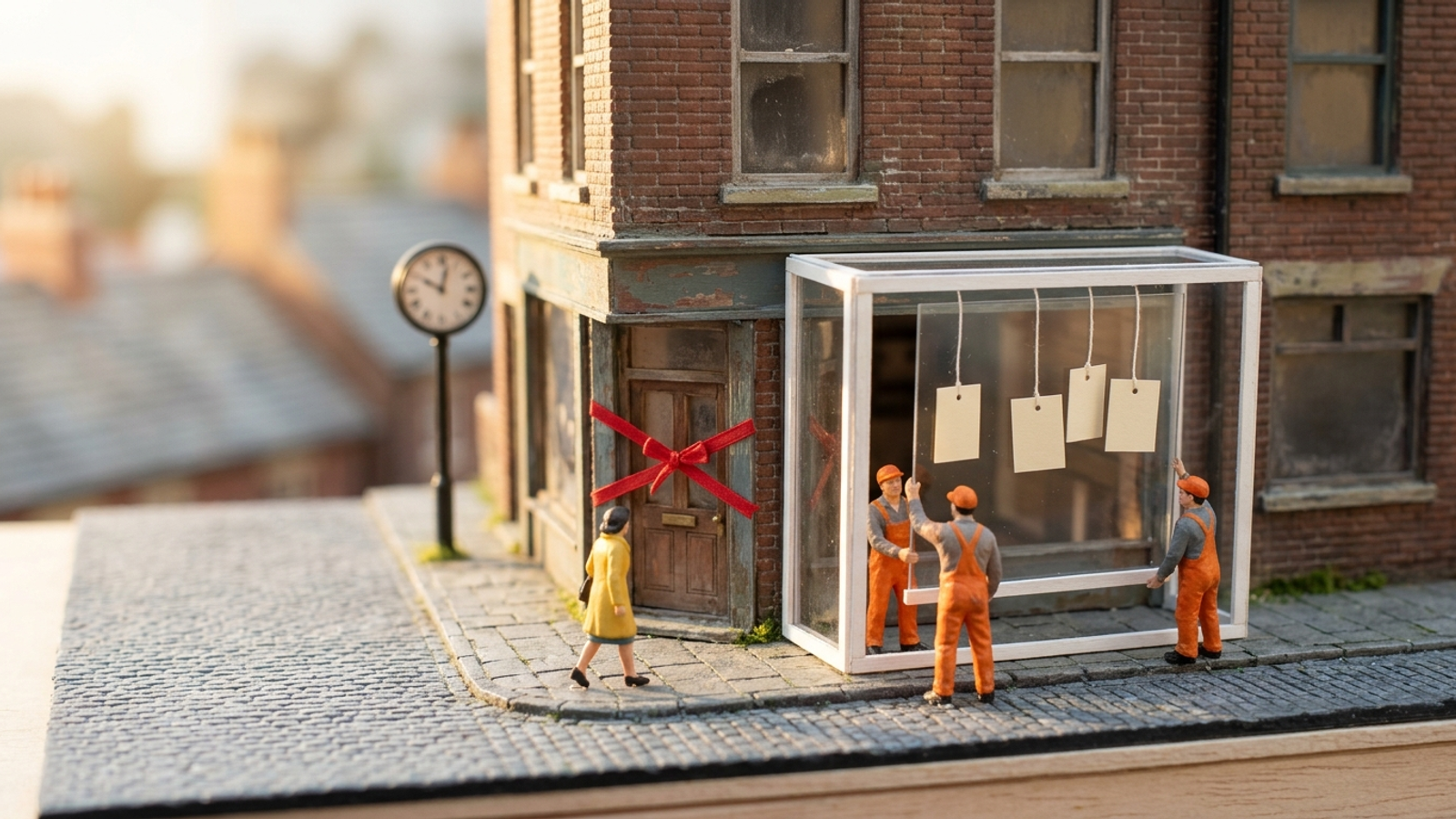 A miniature crew installs a new glass storefront in front of an untouched, ribbon-sealed old shop, changing its face without entering the building.