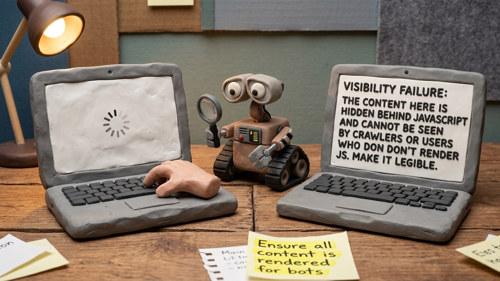 Clay figure facing an empty browser shell beside a text-filled page