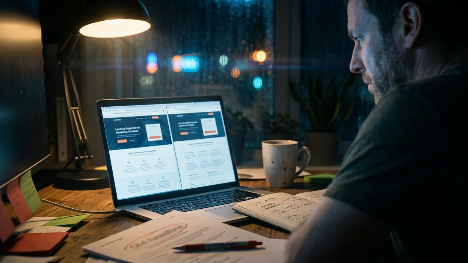 Desk with old and new landing pages open side by side