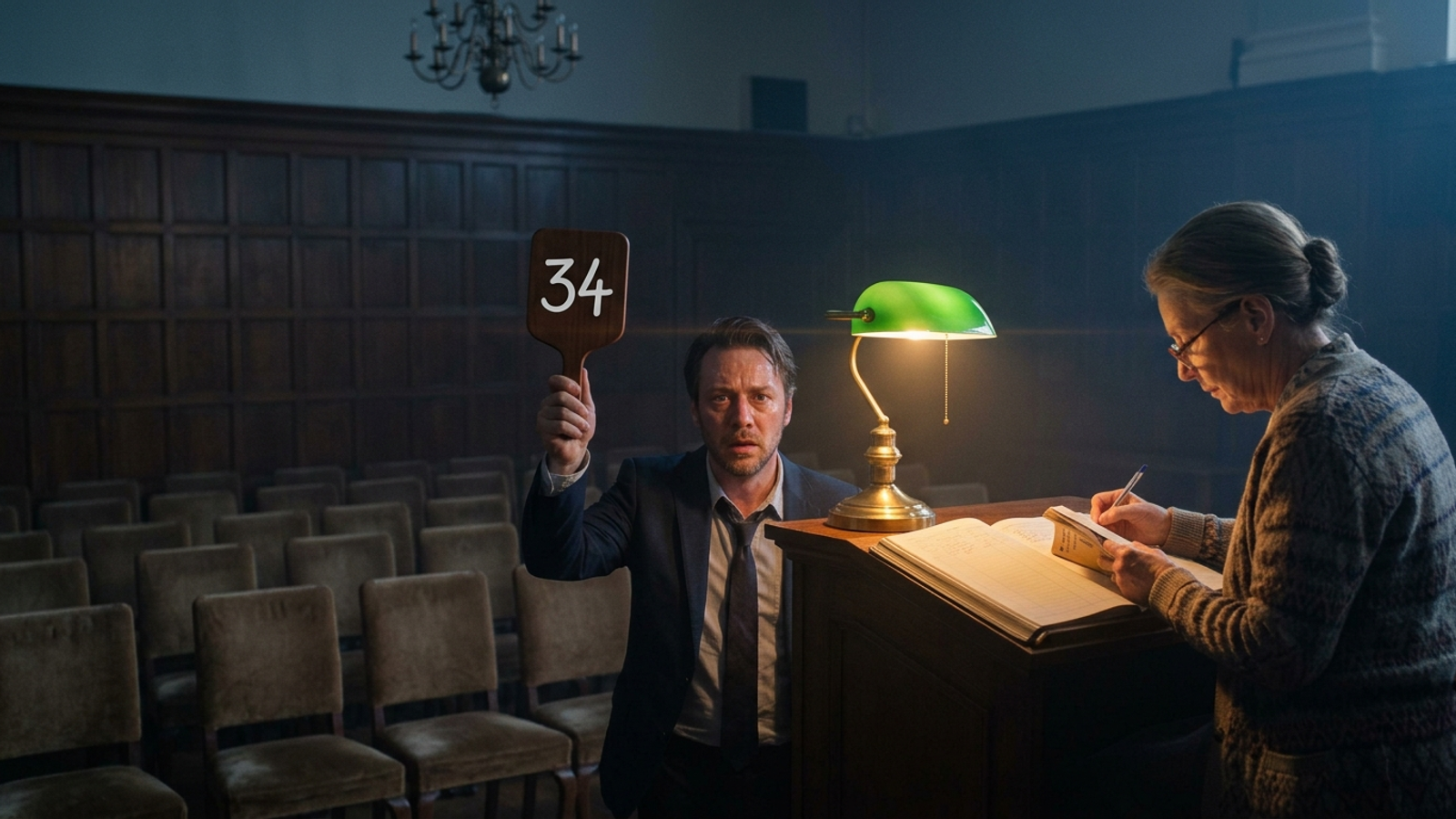An auction bidder frantically raises his paddle while the podium librarian ignores him, calmly copying a quote from a book: money can't buy a citation.