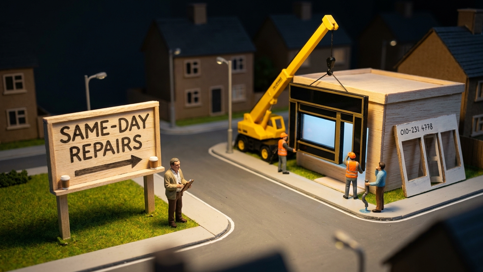 Tiny model: a man guards a 'Same-day repairs' billboard while, behind his back, workers swap the shop it points to for a glossy doorless facade.