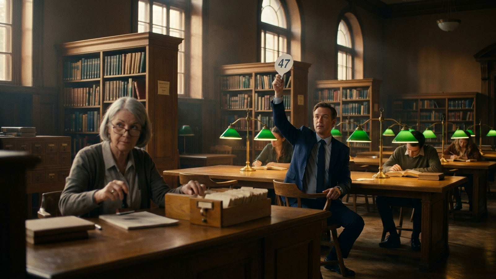 A man in a suit raises an auction paddle in a silent library while a librarian stares, as if sources could be won by bidding.