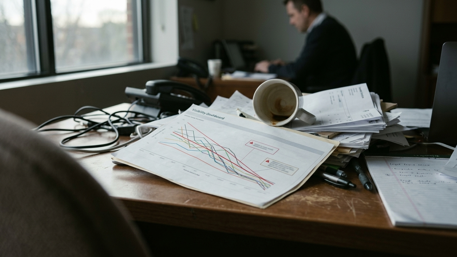 Printed marketing dashboard with red alerts left untouched beneath invoices.