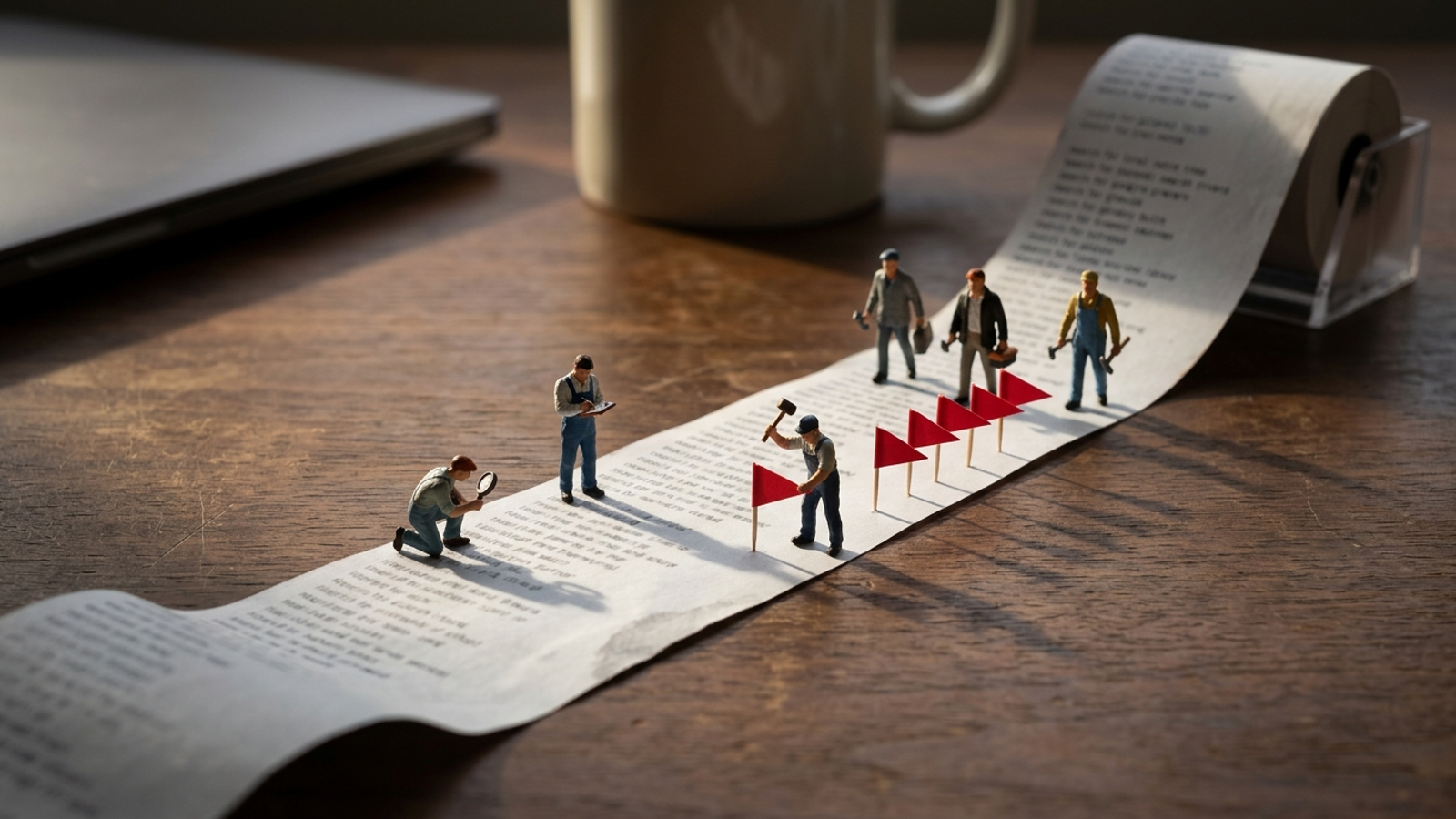 Tiny figures walk a giant unrolled receipt of search terms on a desk, planting red flags where buyer questions are answered without the brand.