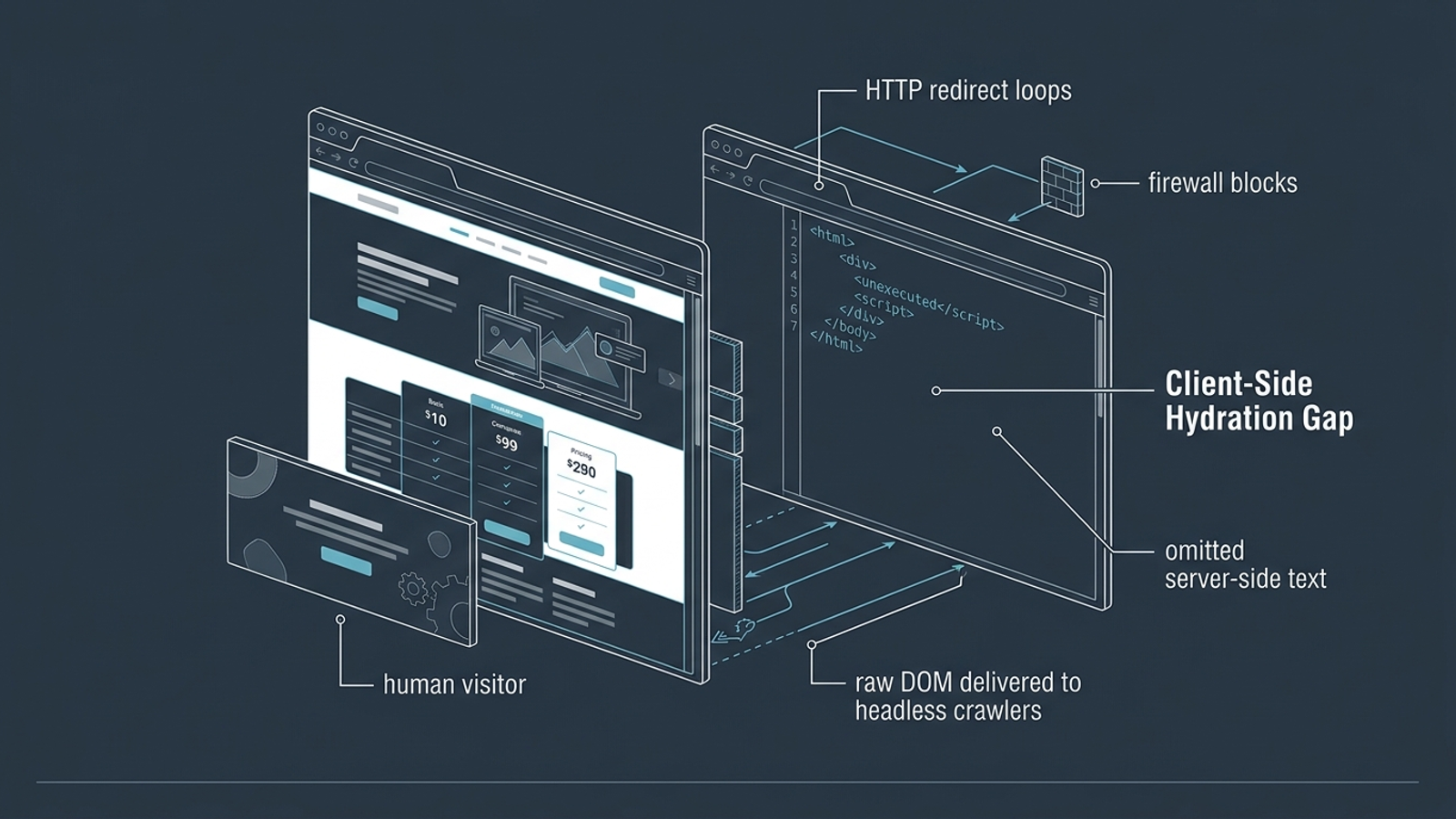 Cross-section comparing a fully rendered website in a browser with the empty code shell an AI crawler may encounter.