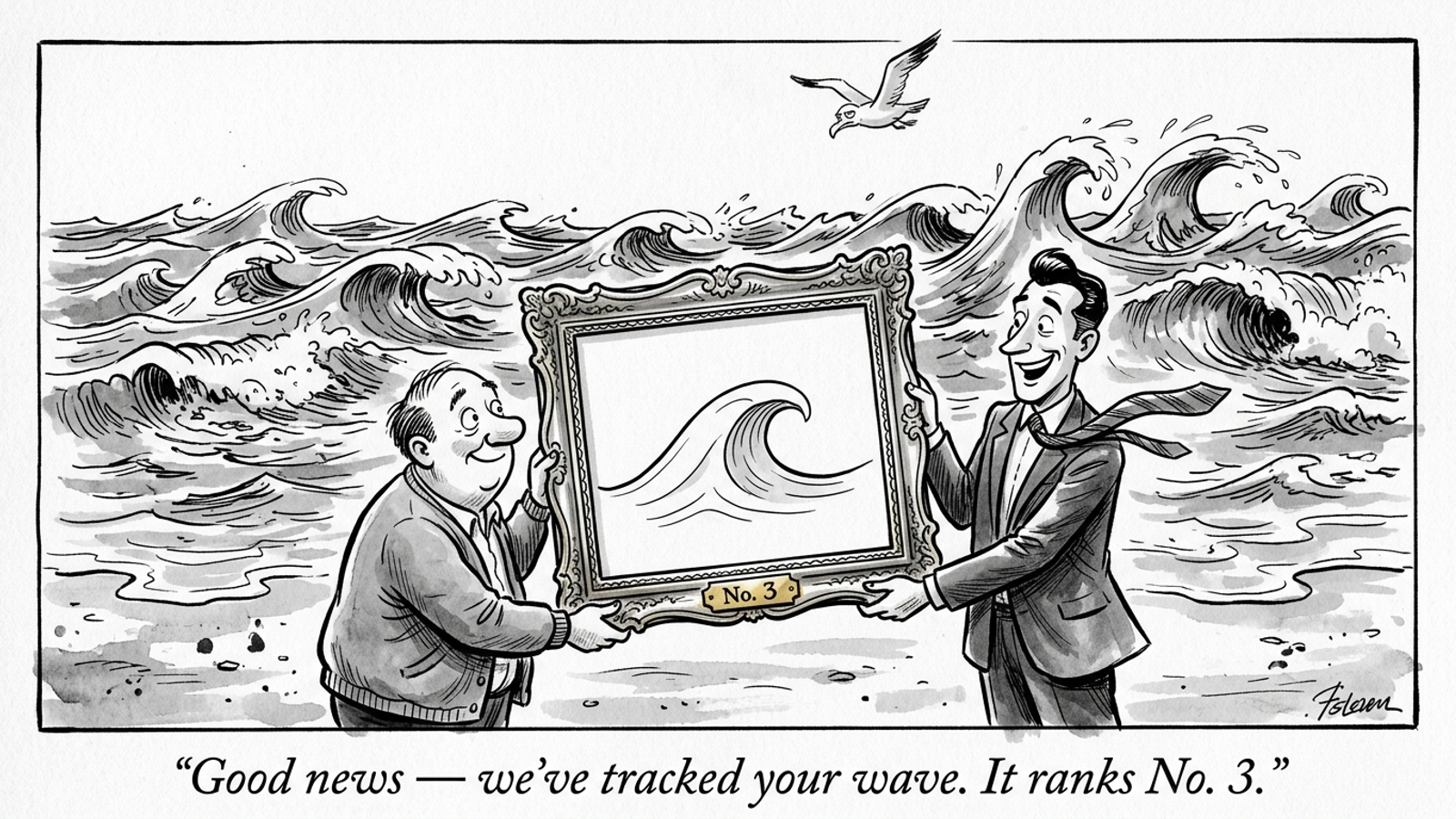 Cartoon of a vendor handing a client a framed single wave labelled No. 3 while a churning sea of different waves rolls behind them.