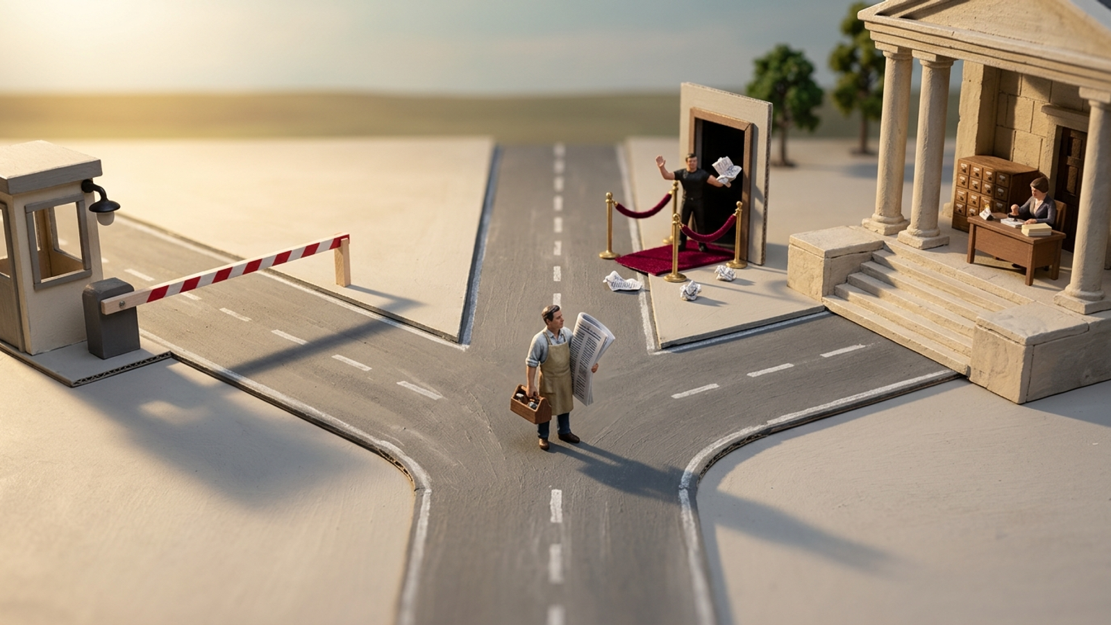 A tiny model shop owner holding a page stands at a fork leading to a toll barrier, a club with a bouncer and a library, deciding which gate to fix first.