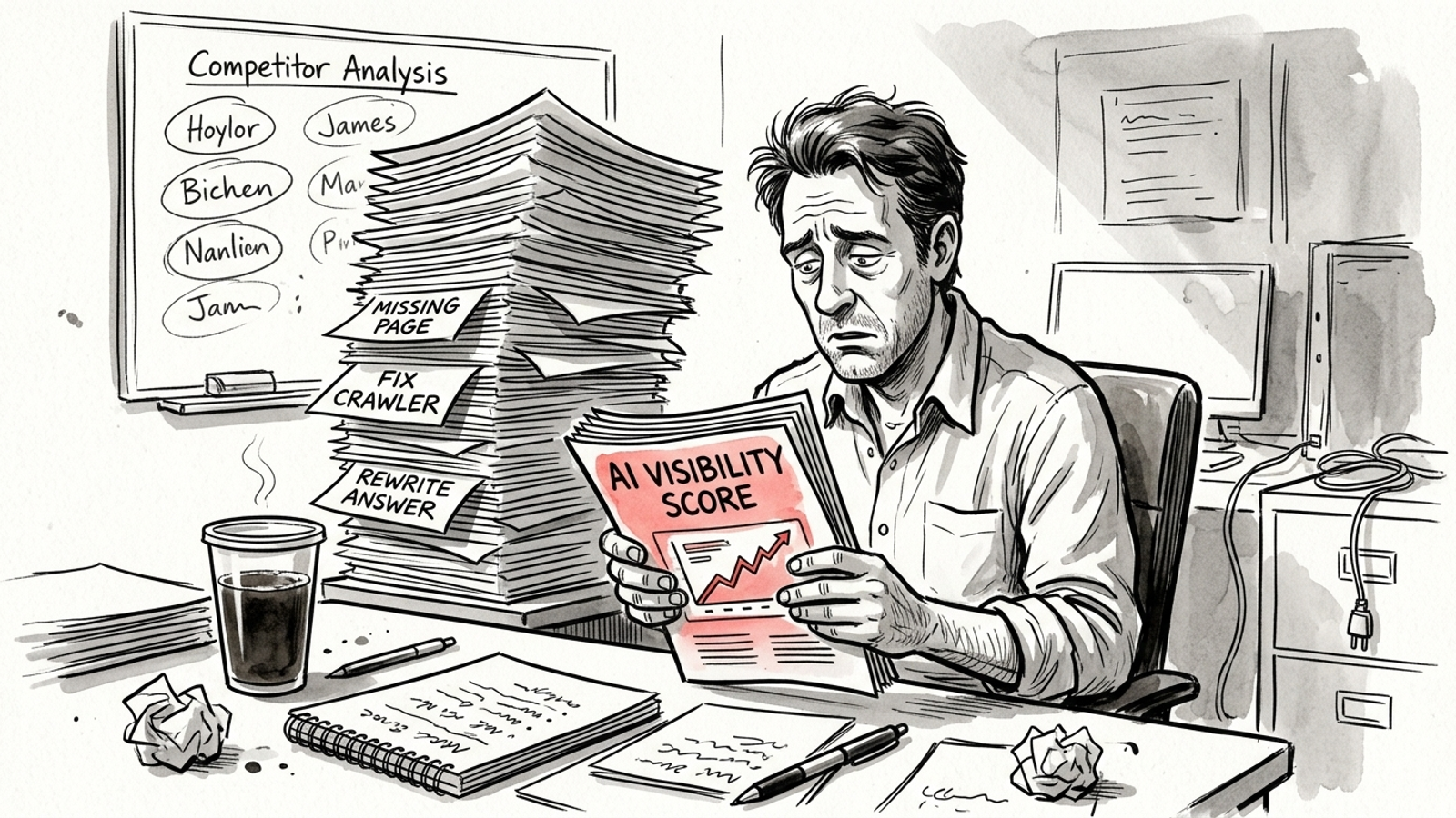 Ink cartoon of an owner holding an AI visibility report while to-do pages pile up behind him