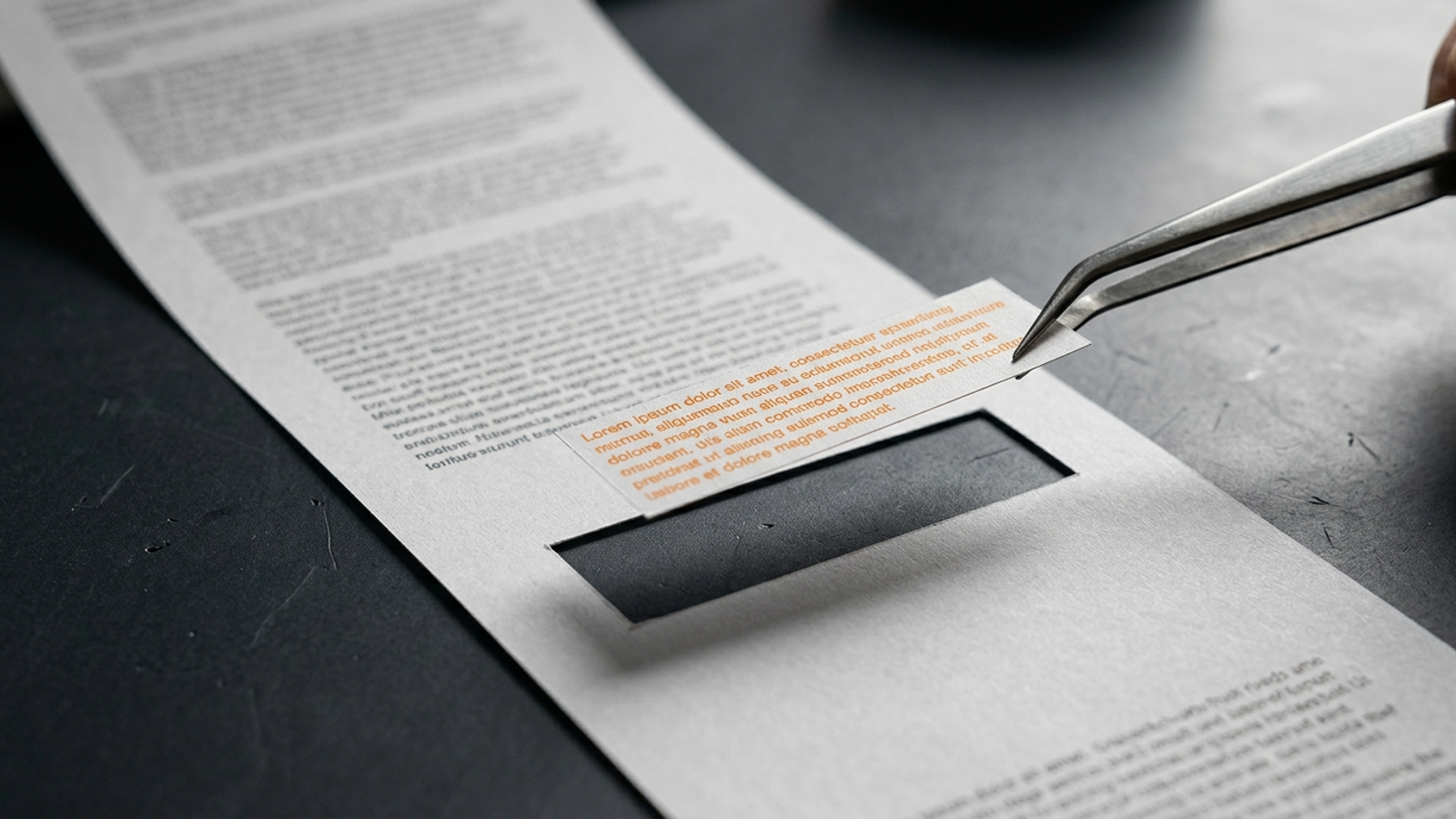 Tweezers lift one orange paragraph cut from deep within a long grey printed page, suggesting AI search wants the buried answer, not more content.