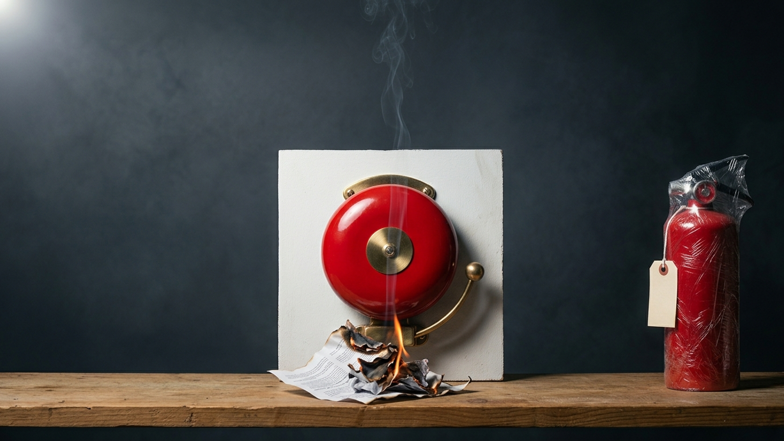 A polished fire alarm rings loudly above burning web pages while a shrink-wrapped extinguisher sits unused: alerts without fixes.