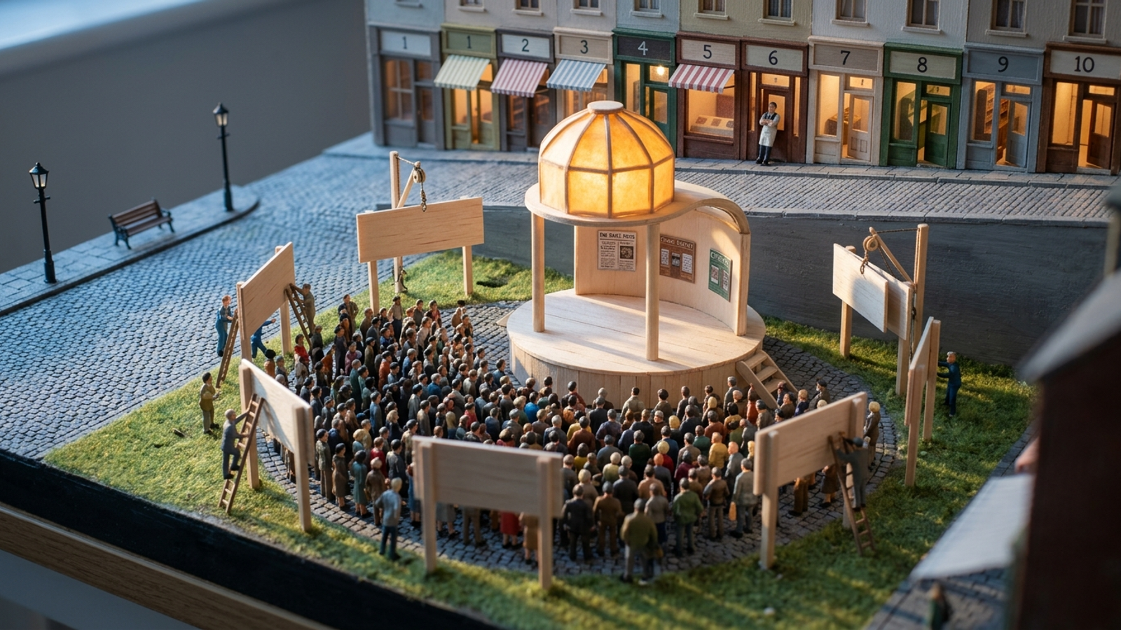 Tiny model town: numbered shops line an empty street while the whole crowd gathers at a new answer stage, where workers put up billboards around it.