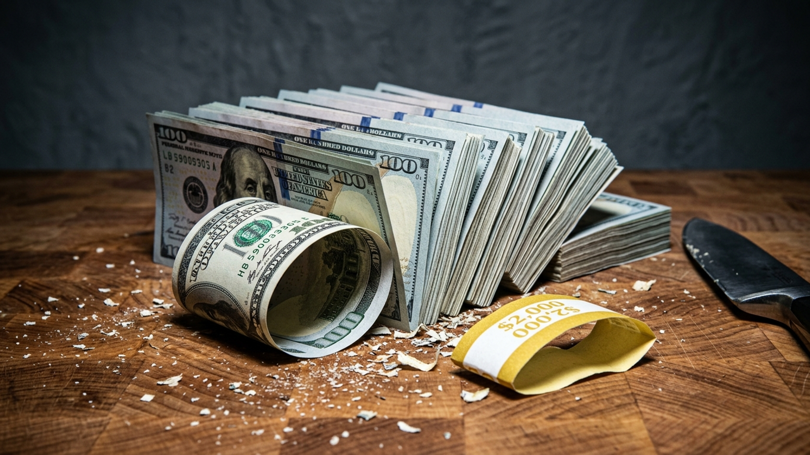 A cash bundle sliced into seven slabs, one paper-thin and the rest thick, beside a snapped "$2,000" band too small to hold them all.